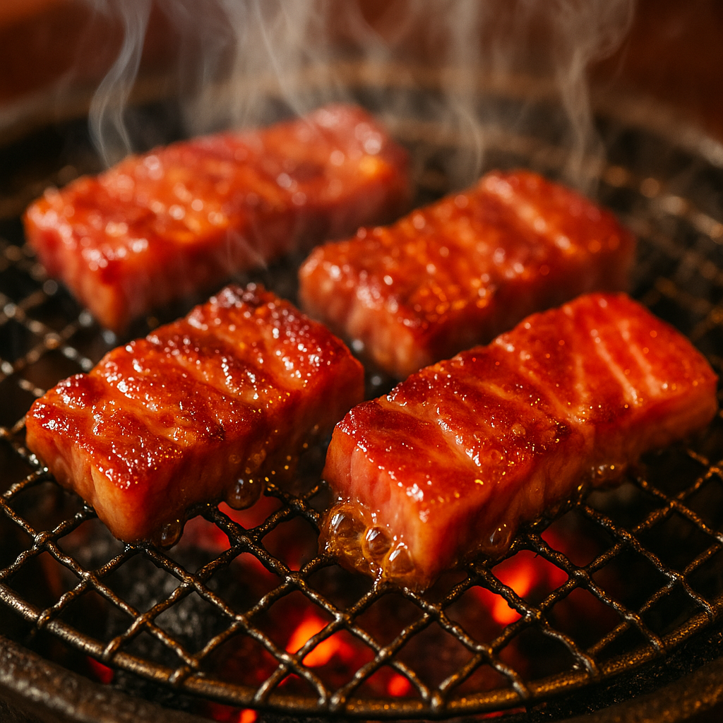 七輪で焼ける美味しそうな焼肉のクローズアップイメージ